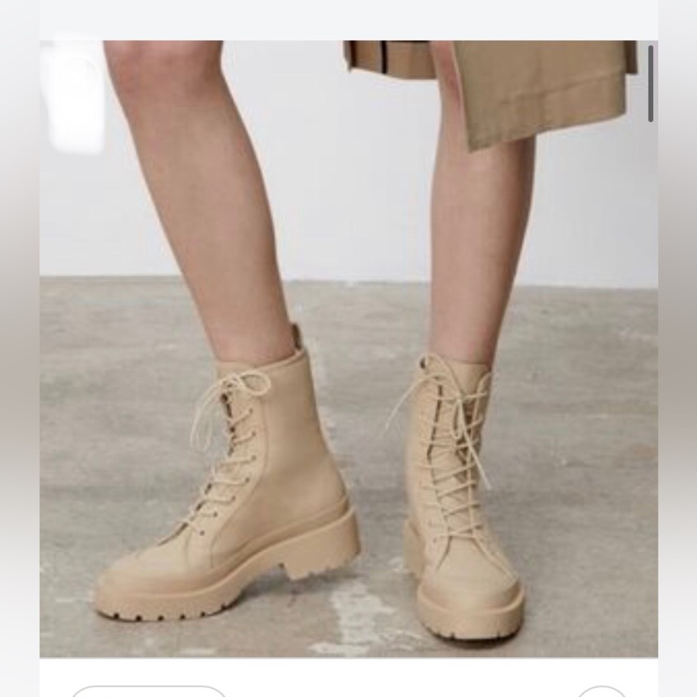 Womens ZARA Cream Lace-Up Platform Combat Military Boots Sz 8